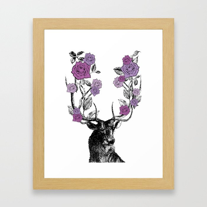 The Stag and Roses | Deer and Flowers | Purple | Vintage Stag | Vintage Deer | Antlers | Woodland | Framed Art Print