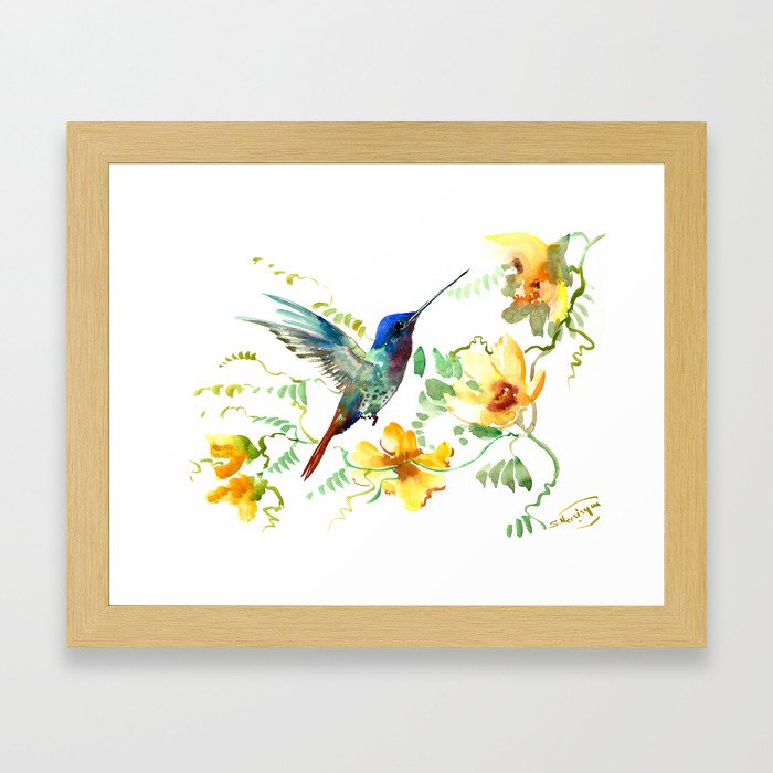 Hummingbird and Flowers, floral design Hawaiian tropical Framed Art Print