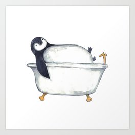 Penguin taking bath watercolor Art Print