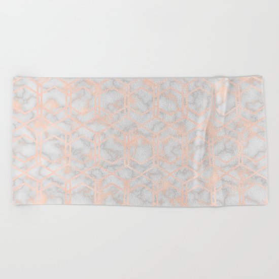 Geometric rose gold art deco on smokey marble Beach Towel