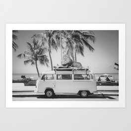 Lion at the beach atop 23 window Samba bus black and white photograph - photography - photographs Art Print