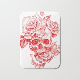 Roses and Human Skull - Red Badematte | Goth, Prettyskull, Ink, Skulldrawing, Skull, Girlyskull, Skullwithroses, Humanskull, Drawing, Skullwithflowers 