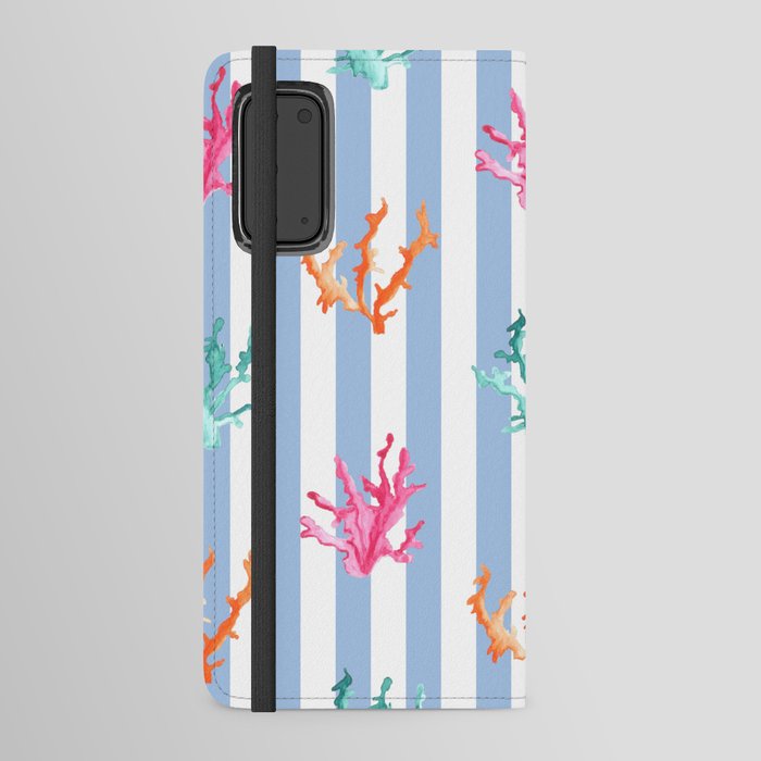 Colorful Coral Reef on Baby Blue Stripes Android Wallet Case