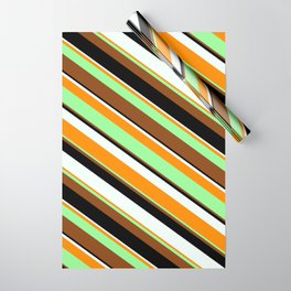 [ Thumbnail: Eyecatching Mint Cream, Dark Orange, Green, Brown, and Black Colored Lines/Stripes Pattern Wrapping Paper ]