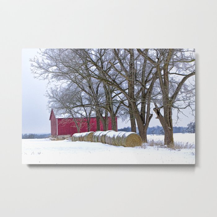Red Barn in Winter with Hay Bales Metal Print