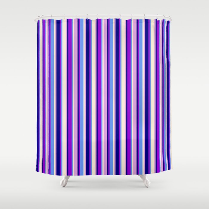 Colorful Blue, Dark Violet, Cornflower Blue, Beige, and Plum Colored Lined Pattern Shower Curtain
