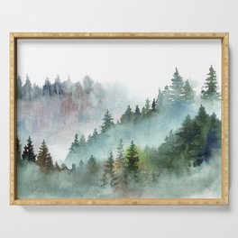 Watercolor Pine Forest Mountains in the Fog Serving Tray