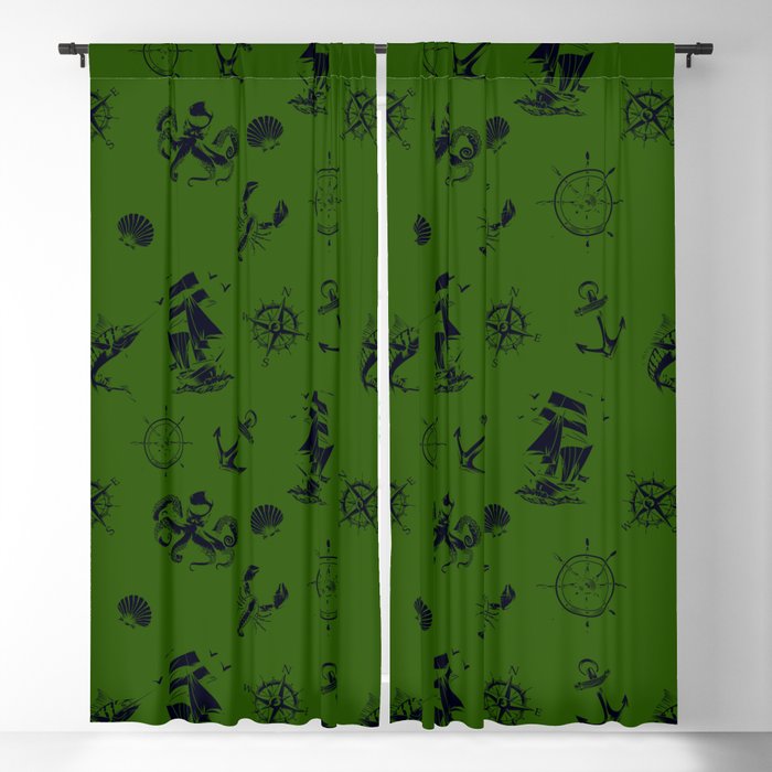 Green And Blue Silhouettes Of Vintage Nautical Pattern Blackout Curtain