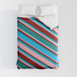 [ Thumbnail: Teal, Deep Sky Blue, Light Pink, and Maroon Colored Striped Pattern Comforter ]