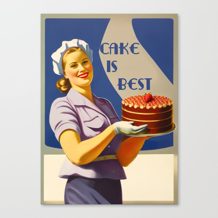 A beautiful smiling female pastry chef holding a chocolate layer cake with strawberry on top a vintage and nostalgic Canvas Print