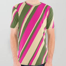 [ Thumbnail: Dark Olive Green, Deep Pink, and Beige Colored Stripes/Lines Pattern All Over Graphic Tee ]