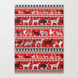 Fluffy and bright fair isle knitting doggie friends // fire brick and fire engine red background brown orange white and grey dog breeds  Canvas Print