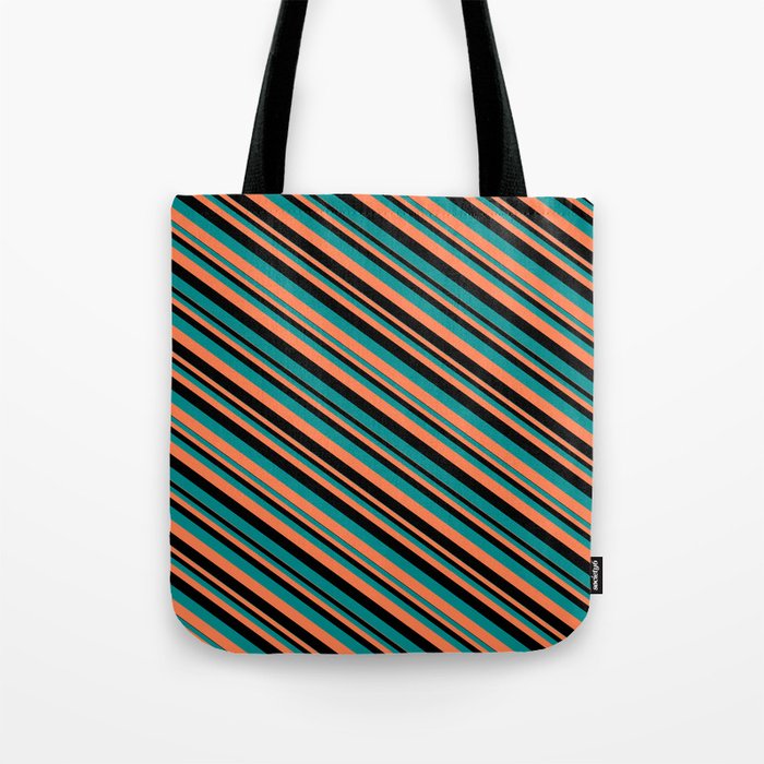 Black, Dark Cyan & Coral Colored Striped Pattern Tote Bag