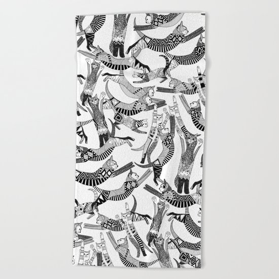 cat party black white Beach Towel