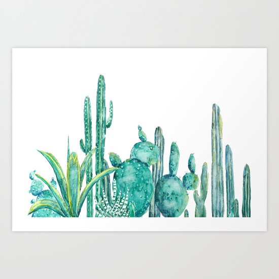green cactus jungle watercolor Art Print