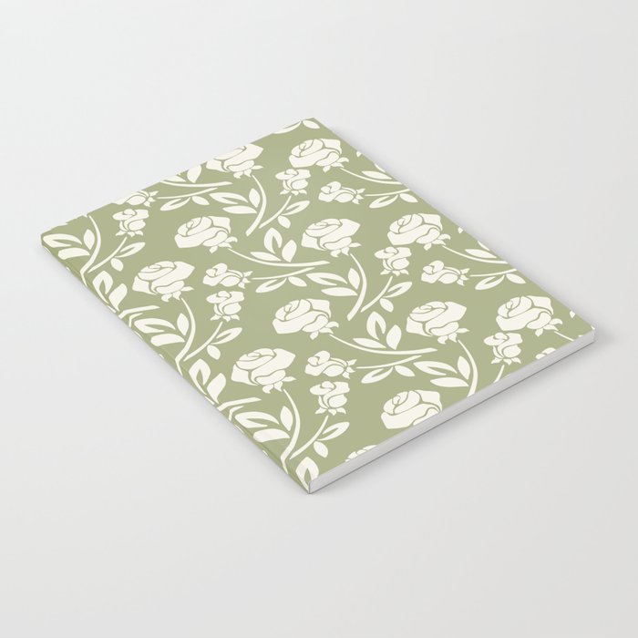 Mid-Century Antique White Roses Pattern on Sage Green Notebook