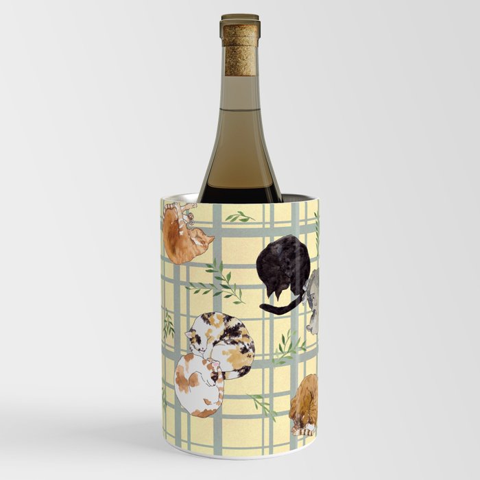 Sleeping Cats Pattern/Hand-drawn in Watercolour/Yellow Check Background Wine Chiller