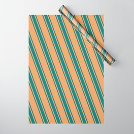 [ Thumbnail: Brown & Teal Colored Stripes Pattern Wrapping Paper ]