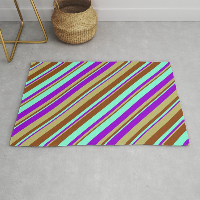 Aquamarine, Dark Violet, Dark Khaki, and Brown Colored Stripes/Lines Pattern Rug
