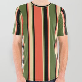 [ Thumbnail: Dark Olive Green, Tan, Red, and Black Colored Striped Pattern All Over Graphic Tee ]