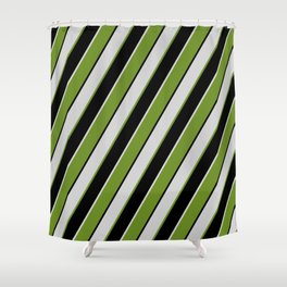 [ Thumbnail: Light Gray, Green, and Black Colored Lines Pattern Shower Curtain ]