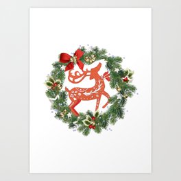 Orange and Red Reindeer with Pattern Holiday Wreath Art Print