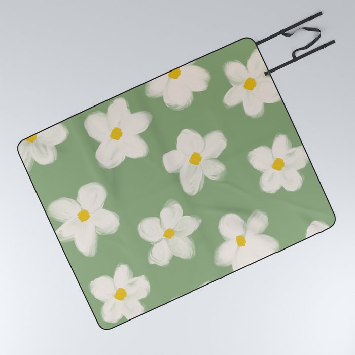 Groovy 70s Daisy Flowers on Sage Green Picnic Blanket
