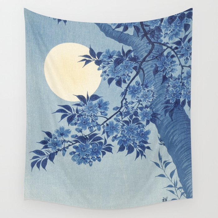 Blossoming Cherry on a Moonlit Night Wall Tapestry