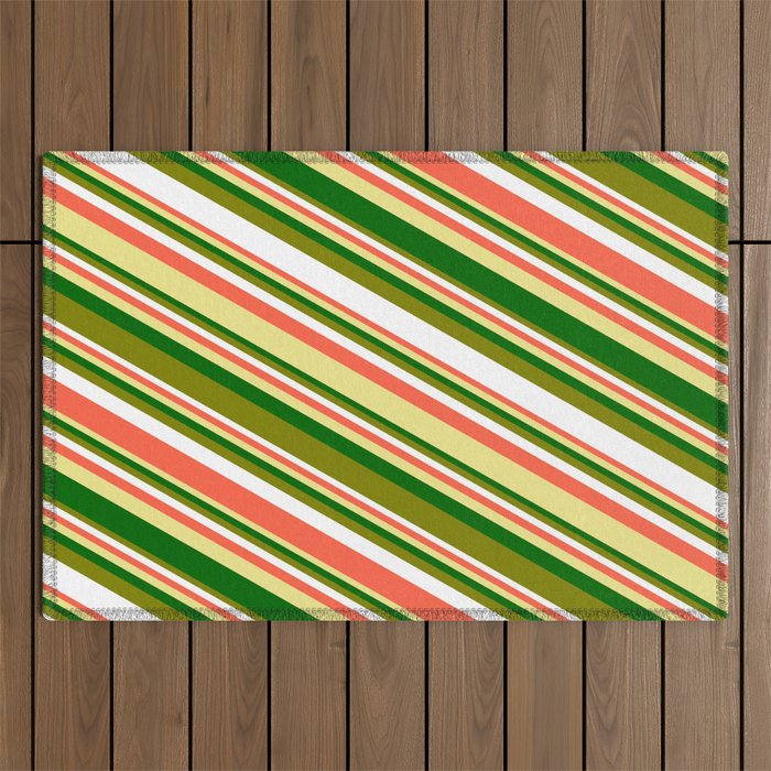 Eyecatching Green, White, Red, Tan & Dark Green Colored Striped/Lined Pattern Outdoor Rug
