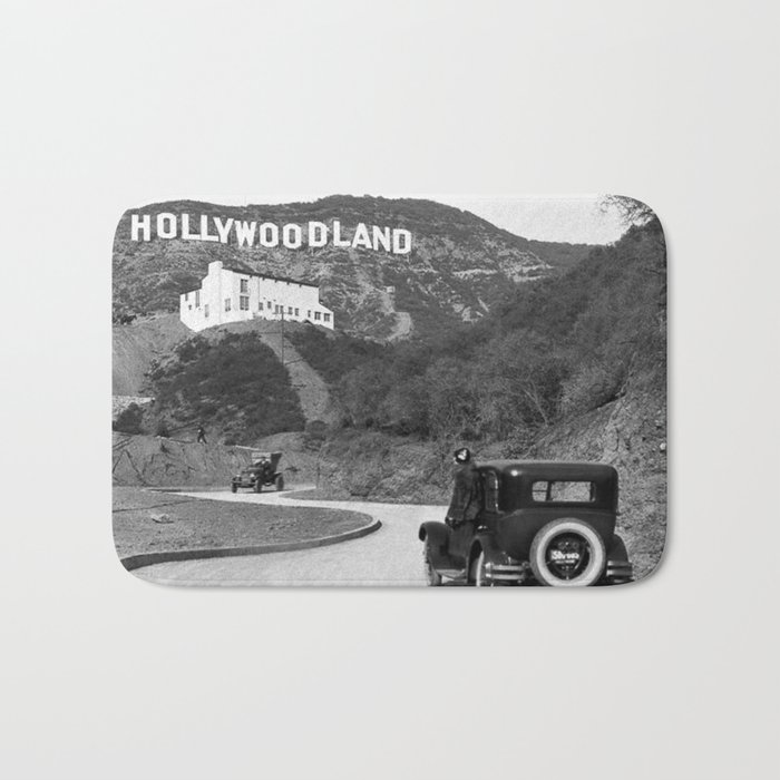 Old Hollywood sign Hollywoodland black and white photograph Bath Mat