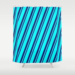 [ Thumbnail: Cyan & Midnight Blue Colored Striped/Lined Pattern Shower Curtain ]