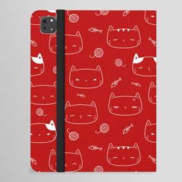 Red and White Doodle Kitten Faces Pattern iPad Folio Case