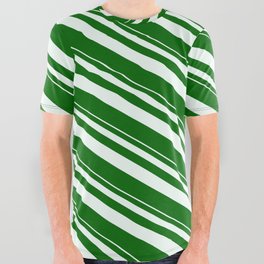 [ Thumbnail: Mint Cream & Dark Green Colored Lined Pattern All Over Graphic Tee ]