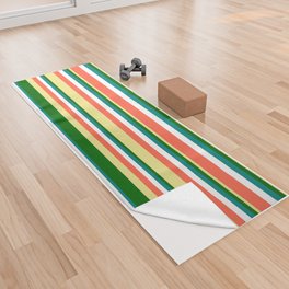 [ Thumbnail: Eyecatching Red, Tan, Dark Green, Teal, and White Colored Stripes/Lines Pattern Yoga Towel ]
