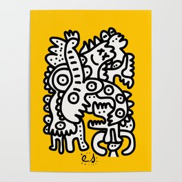 Black and White Cool Monsters Graffiti on Yellow Background Poster