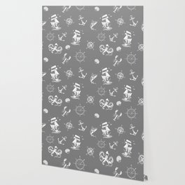Grey And White Silhouettes Of Vintage Nautical Pattern Wallpaper