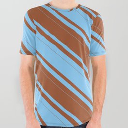 [ Thumbnail: Sienna and Light Sky Blue Colored Lines/Stripes Pattern All Over Graphic Tee ]
