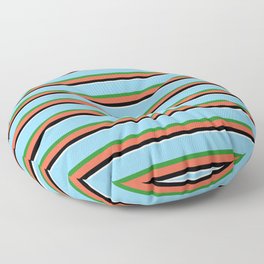 [ Thumbnail: Light Sky Blue, Forest Green, Red, Black, and White Colored Striped/Lined Pattern Floor Pillow ]