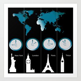 TIME ZONES. NEW YORK, LONDON, PARIS, TOKYO Art Print
