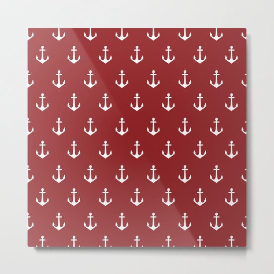 Maritime Nautical Red and White Anchor Pattern - Medium Size Anchors Metal Print