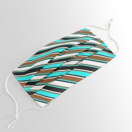 [ Thumbnail: Brown, Cyan, Black, and White Colored Stripes Pattern Face Mask ]