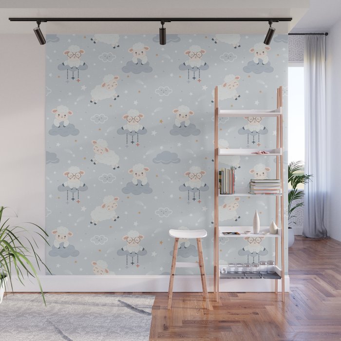 Cute Sheeps on Clouds with Stars Wall Mural