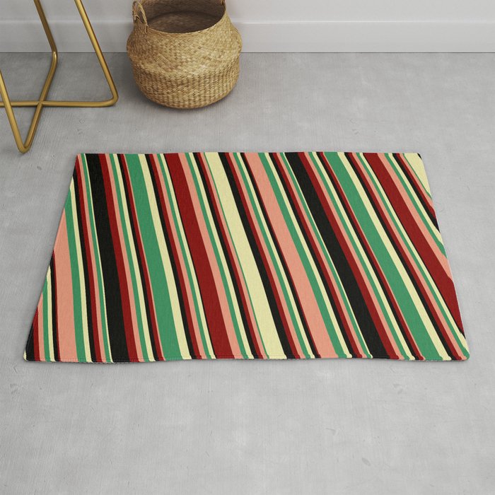 Vibrant Pale Goldenrod, Sea Green, Dark Salmon, Maroon, and Black Colored Striped Pattern Rug
