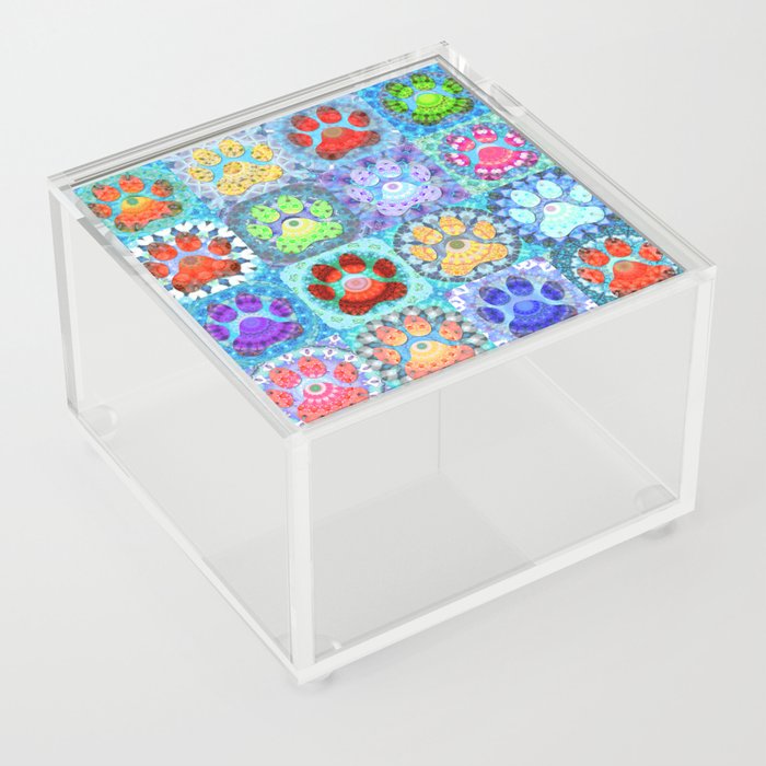 Patchwork Paws - Colorful Whimsical Dog Paw Art Acrylic Box