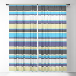 [ Thumbnail: Tan, Deep Sky Blue, Midnight Blue, Black & White Colored Lines Pattern Sheer Curtain ]