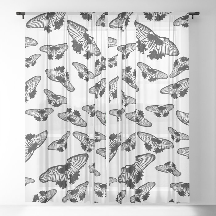 Butterflies In Black And White Sheer Curtain By