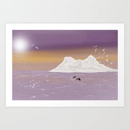 Flight of the Gulls Art Print | Painting, British, Dolphins, Rock, Illustration, Gulls, Seascape, Lilacskies, Seagulls, Rockofgibraltar 