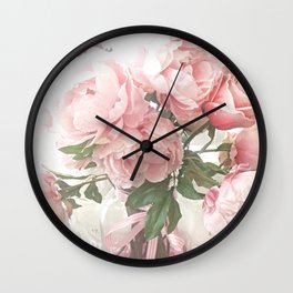 Shabby Chic Coral Peach Pastel Peonies Floral Bouquet Print and Home Decor Wall Clock