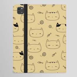 Tan and Black Doodle Kitten Faces Pattern iPad Folio Case