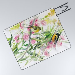 Baltimore Oriole and Garden Flowers Picnic Blanket